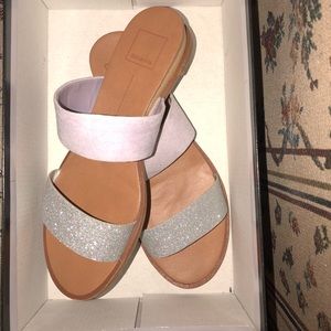 Silver sparkly and purple slide sandals